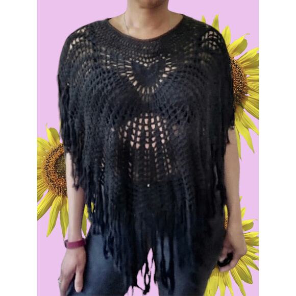 ERIKA PENA boho black open knit fringe festival poncho sweater Size XS S M L NEW - Picture 1 of 6